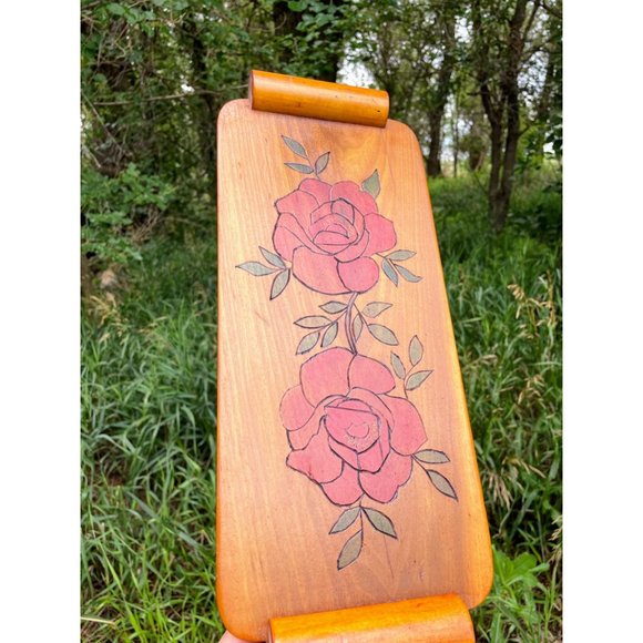 Vintage Wood Bread Serving Tray Carved Red Roses - Picture 11 of 13